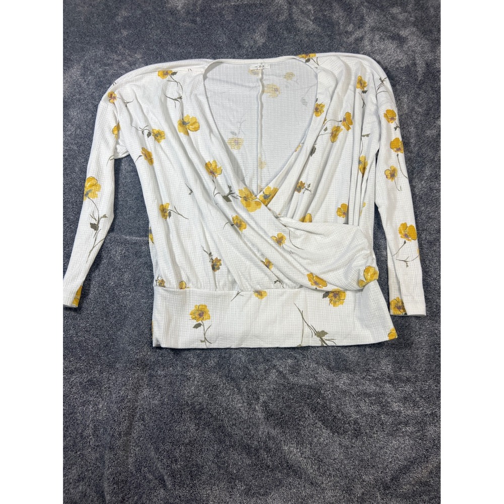 Maurices Waffle Knit Floral Wrap Top White Yellow Long Sleeve Surplice Medium